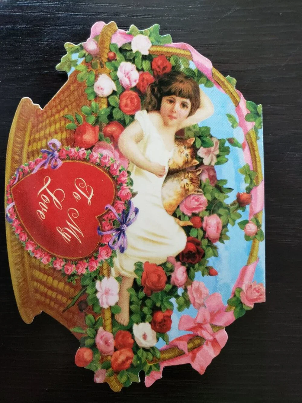 Victorian Girl in Basket, Framed Girl Boy, Cupid Valentine's Day Card Lot of 4